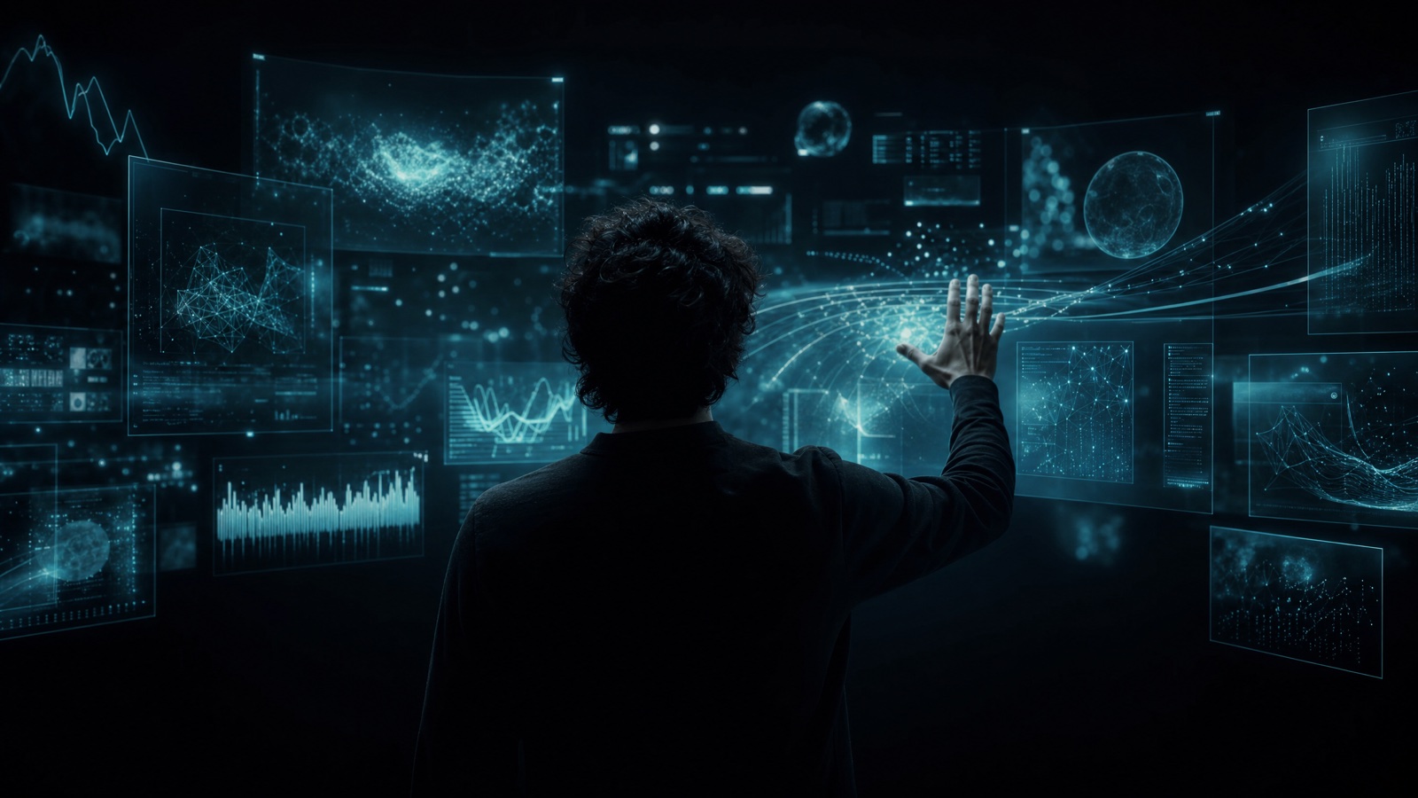 Concept visual: a raised hand conducting a holographic interface — the film's Minority Report-style visual language