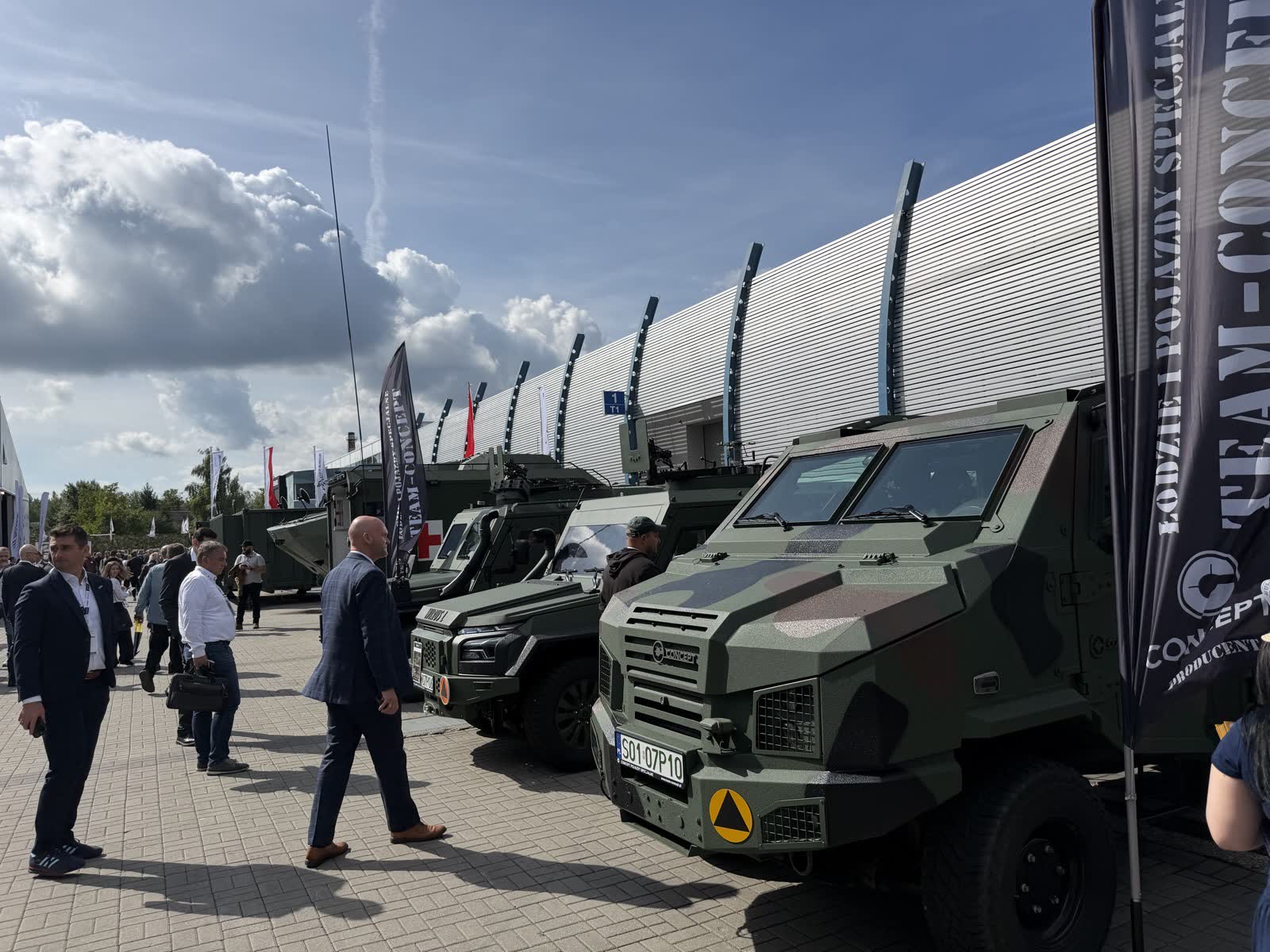 Armoured vehicles outside the halls