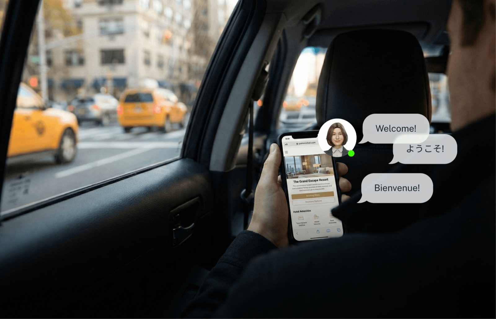 Perxona AI avatar greeting a hotel guest in multiple languages