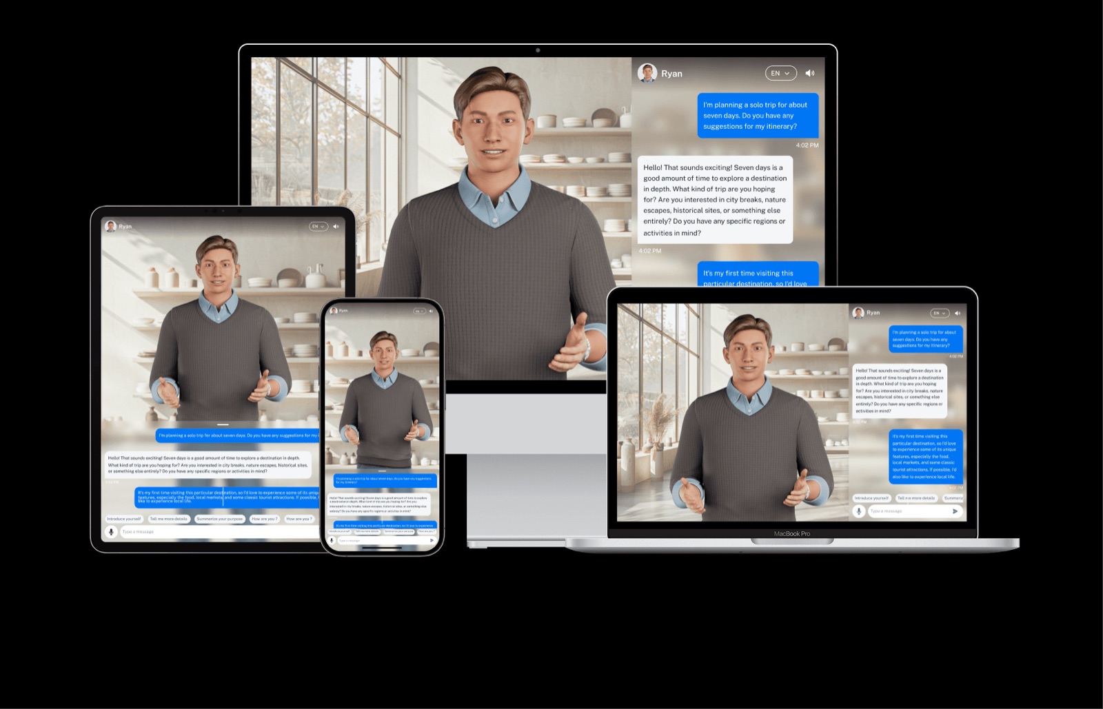 Perxona interactive AI avatar across desktop, laptop, tablet and phone